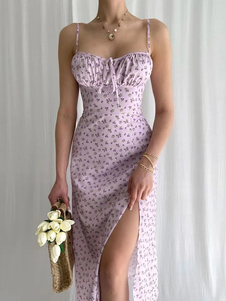 Maxi-jurk met bloemenruches en uitgesneden bandage